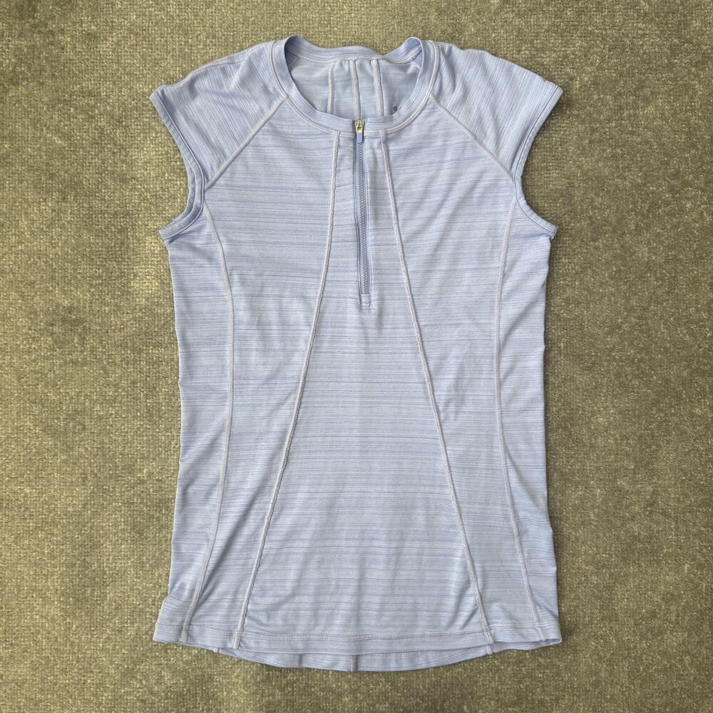 Athleta Light Lavender Stripe Short Sleeve Zip-Front Tee